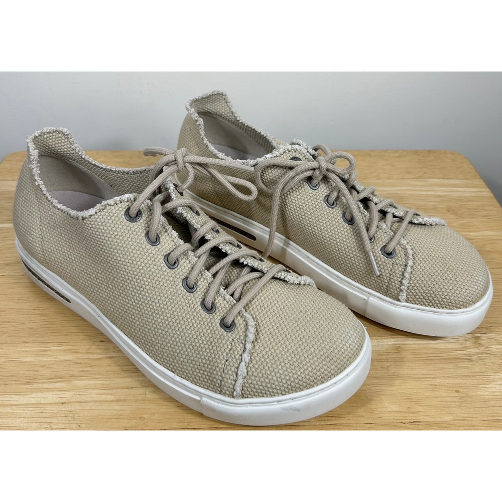 Birkenstock Bend Low Sneakers Women 40 Sand Canvas Frayed Edge Lace Up Comfort